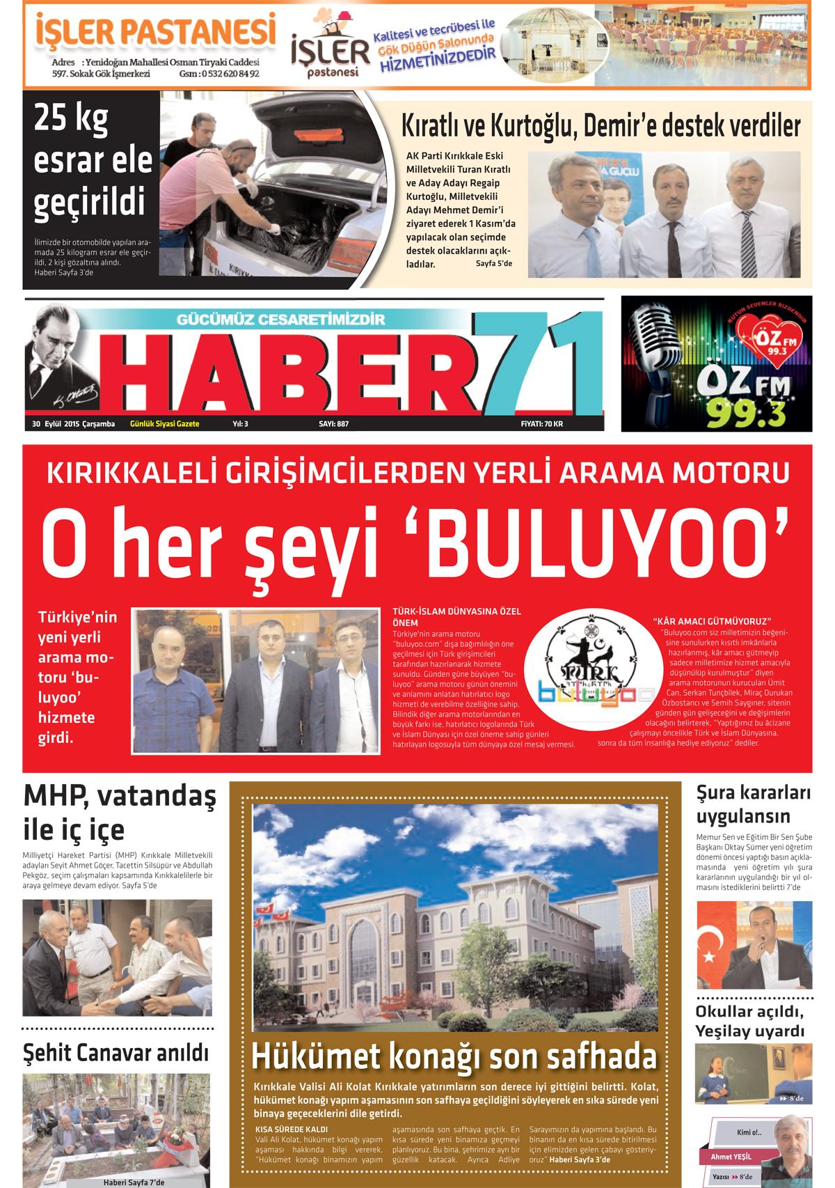30.09.2015 Gazete 1. Sayfası Kırıkkale Haber Son