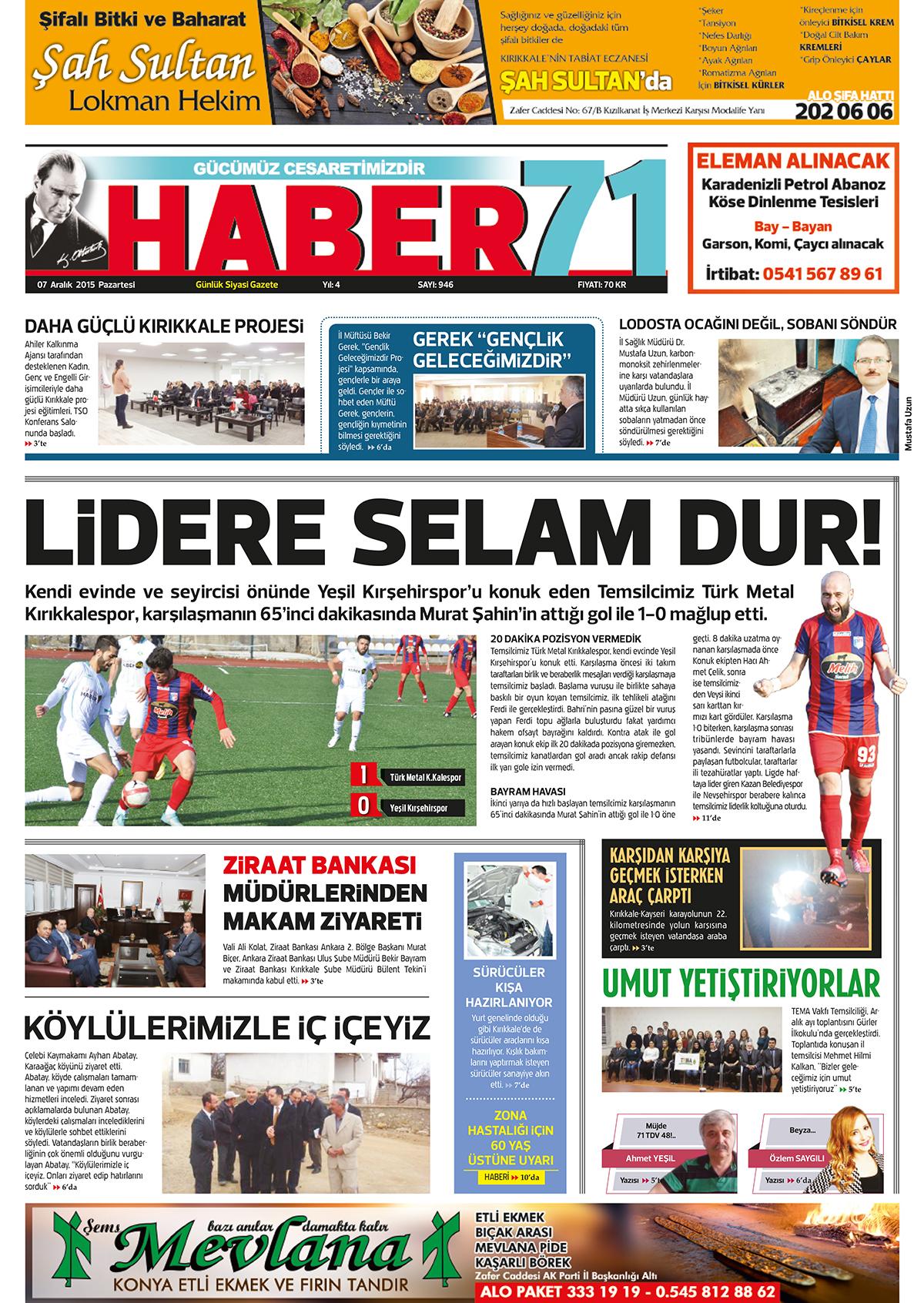 07.12.2015 Gazete 1. Sayfası Kırıkkale Haber