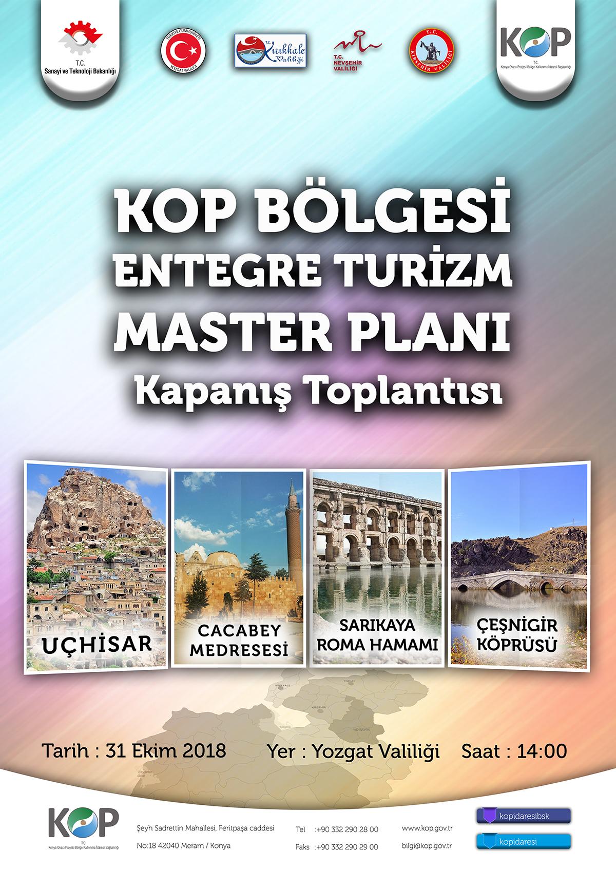 Sanayi ve Teknoloji Bakanlığının bağlı kuruluşu olan KOP Bölge Kalkınma İdaresi Başkanlığı tarafından merkezi ve yerel kurum kuruluşlarla istişare halinde Kırıkkale, Kırşehir, Nevşehir ve Yozgat illerinde bir yıldır yürütülen çalışmalarla ortaya çıkan “KOP Bölgesi Entegre Turizm Master Planı Projesi”nin sonuçları Yozgat’ta düzenlenecek bir toplantı ile kamuoyuna açıklanacak. KOP, Nevşehir, Yozgat, Kırıkkale ve Kırşehir için Turizm Master Planı Hazırladı - Kırıkkale Haber, Son Dakika Kırıkkale Haberleri