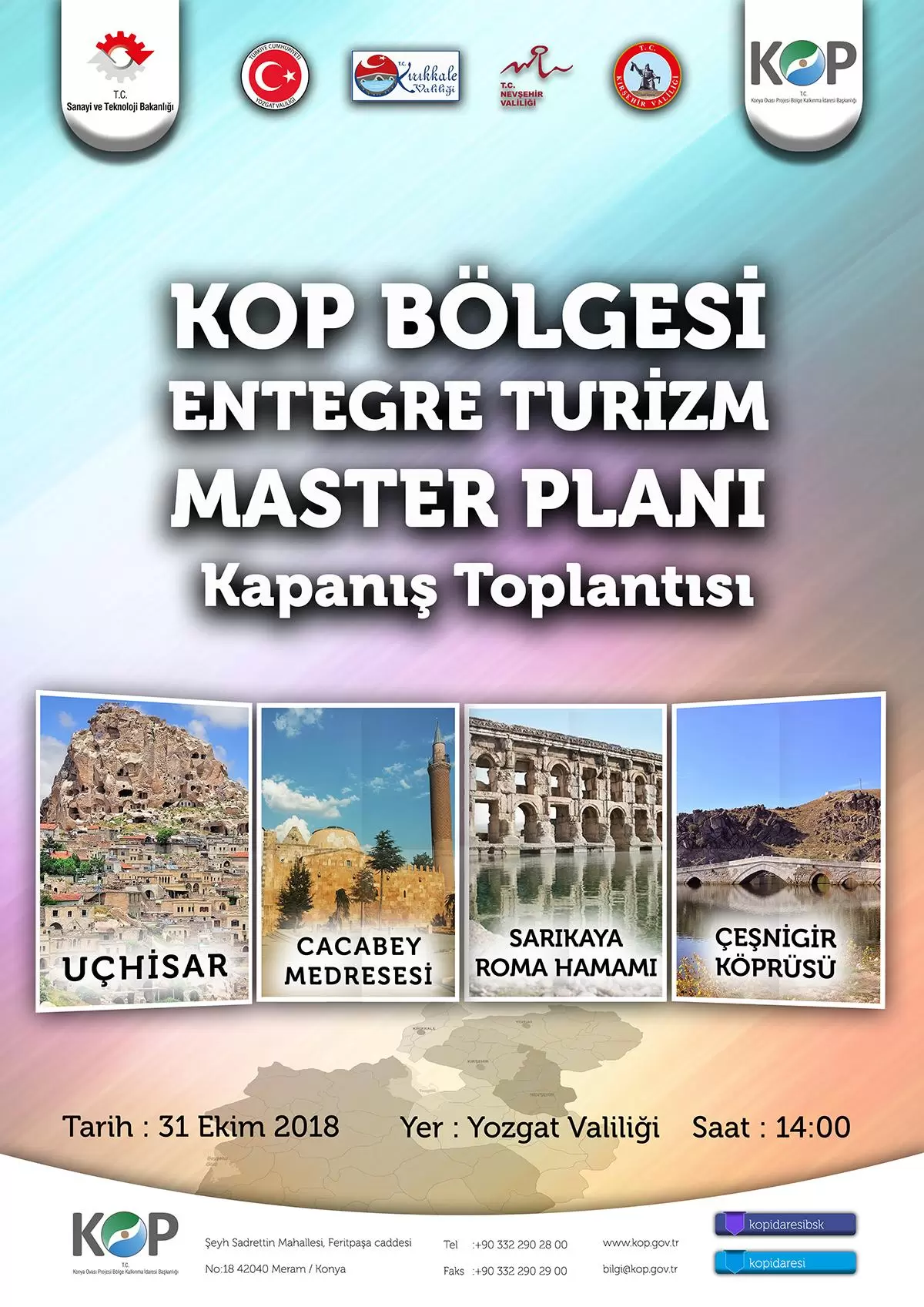 Sanayi ve Teknoloji Bakanlığının bağlı kuruluşu olan KOP Bölge Kalkınma İdaresi Başkanlığı tarafından merkezi ve yerel kurum kuruluşlarla istişare halinde Kırıkkale, Kırşehir, Nevşehir ve Yozgat illerinde bir yıldır yürütülen çalışmalarla ortaya çıkan “KOP Bölgesi Entegre Turizm Master Planı Projesi”nin sonuçları Yozgat’ta düzenlenecek bir toplantı ile kamuoyuna açıklanacak. KOP, Nevşehir, Yozgat, Kırıkkale ve Kırşehir için Turizm Master Planı Hazırladı - Kırıkkale Haber, Son Dakika Kırıkkale Haberleri