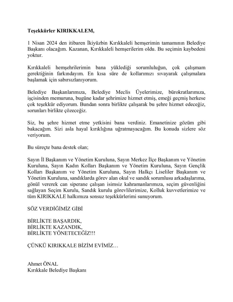 Başkan Ahmet Önal'dan Kırıkkaleli Hemşehrilerine Teşekkür Mektubu - Kırıkkale Haber, Son Dakika Kırıkkale Haberleri