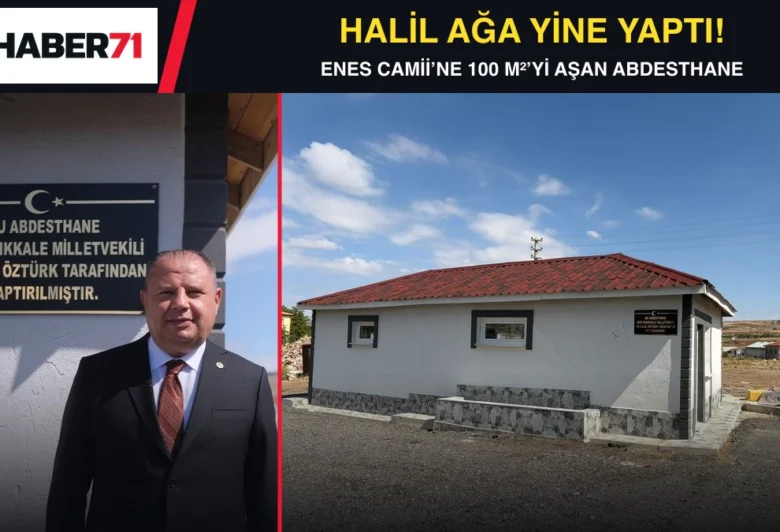 Kırıkkale Haber, Son Dakika Kırıkkale Haberleri Halil Öztürk’ün abdesthane tabelası önündeki fotoğrafı ve Enes Camii için yaptırılan yeni abdesthane binası.