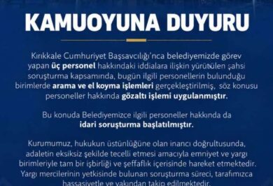 KIRIKKALE BELEDİYESİ'NDEN GÖZALTILAR SONRASI İLK AÇIKLAMA - Kırıkkale Haber, Son Dakika Kırıkkale Haberleri KIRIKKALE BELEDİYESİ'NDEN GÖZALTILAR SONRASI İLK AÇIKLAMA - Kırıkkale Haber, Son Dakika Kırıkkale Haberleri