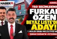 Furkan Özen Emrah Doğan’ın Beyaz Listesi’nden aday Furkan Özen ve Emrah Doğan’ın yer aldığı Haber71 tasarımı: Furkan Özen, Kırıkkale TSO seçimlerinde Beyaz Liste’den 7. Meslek Grubu meclis üyesi adayı.