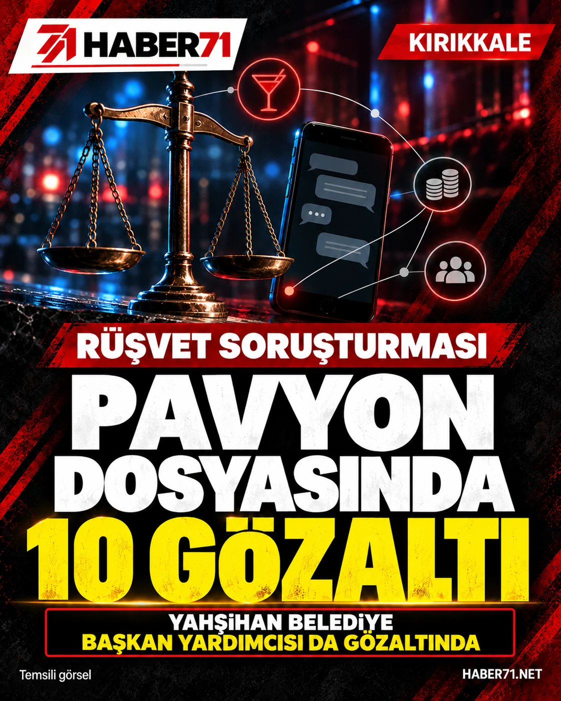 Pavyona ilişkin rüşvet soruşturmasında 10 şüpheli gözaltına alındı. Temsili görsel. Kırıkkale’de pavyonla bağlantılı rüşvet soruşturmasında 10 kişinin gözaltına alınmasını konu alan Haber71 temsili haber tasarımı