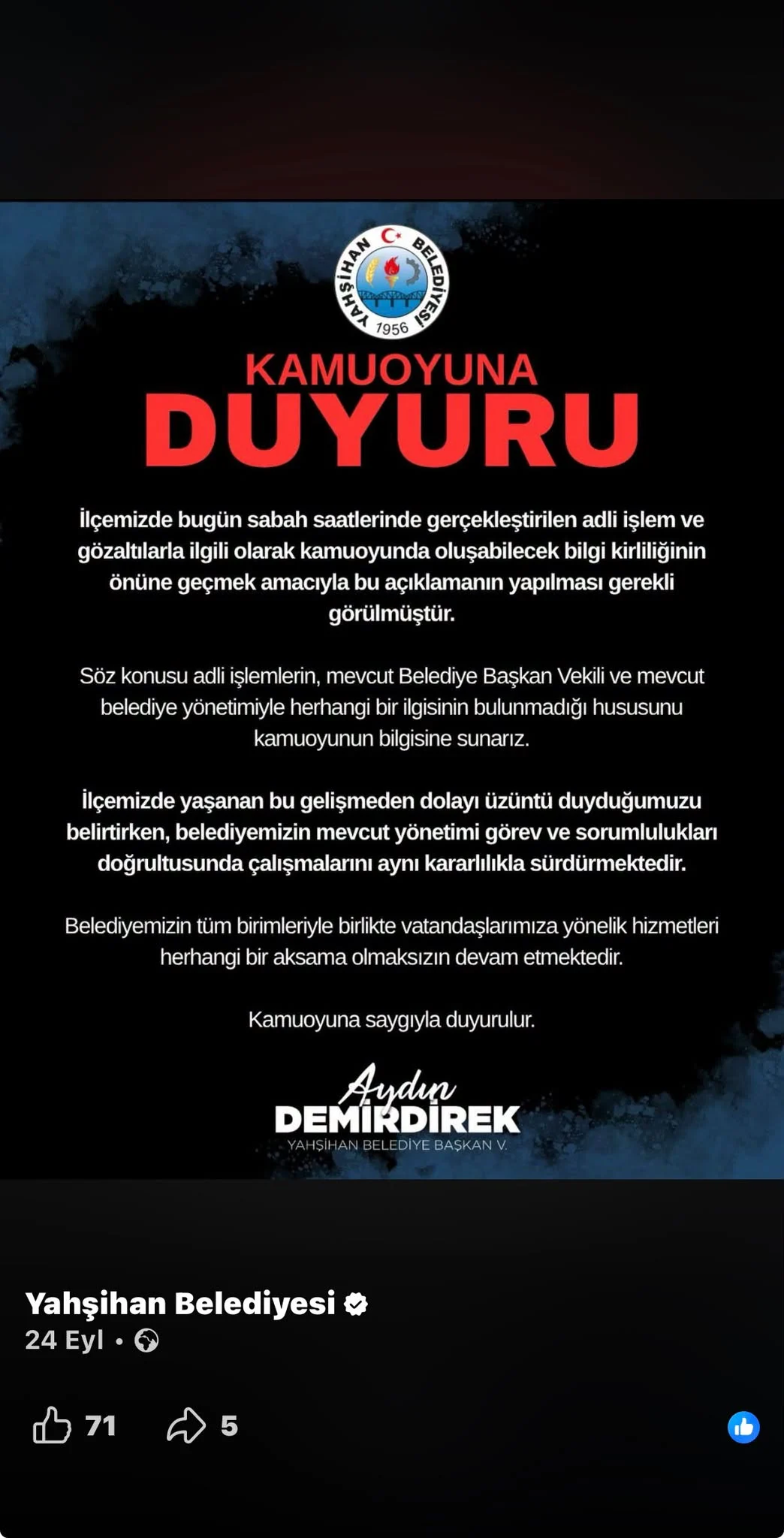 Yahşihan Belediyesi’nin 24 Eylül tarihli açıklaması. Yahşihan Belediyesi’nin 24 Eylül tarihli, Aydın Demirdirek imzalı kamuoyu açıklamasının ekran görüntüsü
