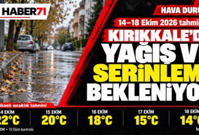 Kırıkkale’de beş gün yağış bekleniyor: Pazar en yüksek 14 derece — Haber71 kapağı Kırıkkale’de 14–18 Ekim 2026 için yağış ve serinleme beklentisini, günlük en yüksek sıcaklıkları 22, 20, 18, 15 ve 14 derece olarak gösteren Haber71 kapağı